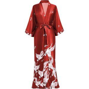 Long Kimono Robe Satin Sleepwear Blouse Bathrobe Nightgown Silky